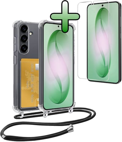 Hoes Geschikt voor Samsung S26 Hoesje Pas Houder Shock Proof Case Hoes Met Koord Met Screenprotector - Hoesje Geschikt voor Samsung Galaxy S26 Hoes Met Telefoonkoord Pasjeshouder Cover - Transparant