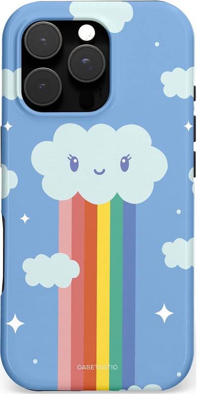 Casetastic hoesje geschikt voor Apple iPhone 16 Pro - MagSafe - Dubbellaagse bescherming - Regenboogwolkje - Fashion Case - Lichtblauw Lichtgrijs