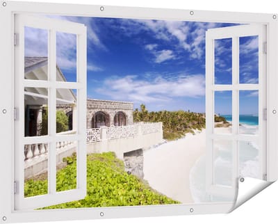 Gards Tuinposter Doorkijk Het Strandhuis - 150x100 cm - Tuindoek - Tuindecoratie - Wanddecoratie buiten - Tuinschilderij