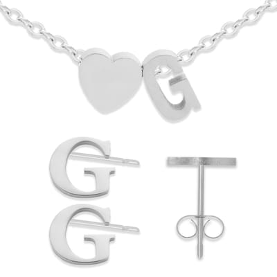 Initiaal Armband & Oorbellen set met Letter G Zilverkleurig - Stainless Steel - Met letter & Hartje! - 2x Sieraden Cadeau - Pax Amare
