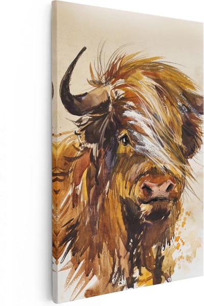 Artaza Canvas Schilderij Schotse Hooglander - 40x60 cm - Wanddecoratie Woonkamer - Muurdecoratie Aquarel - Schilderijen Op Canvas Dieren