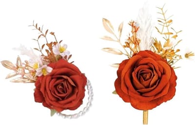 Bruiloft Corsage Set - Zijden Rozen - Feestelijke Accessoires - Verstelbare Parelband - 60 gram - Oranje Accent