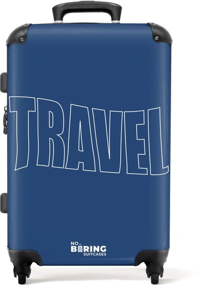 NoBoringSuitcases.com® - Koffer groot - Rolkoffer lichtgewicht - Blauw met grote contourtekst Travel - Reiskoffer met 4 wielen - Grote reis trolley XL - Luggage suitcase - Hardcase reistrolley medium - 20 kg bagage