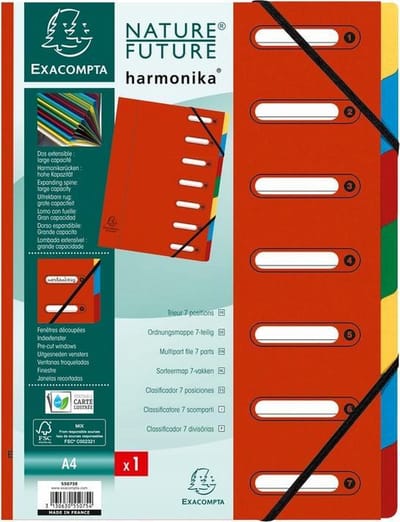 Exacompta Sorteermap HARMONIKA® met uitrekbare rug en uitgesneden vensters - 7 indelingen - Rood - 55075E