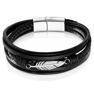 Mendes Jewelry Heren Armband - Stoer Zwart Leder met Bladvormige Stalen Bedel - Zilver-23cm