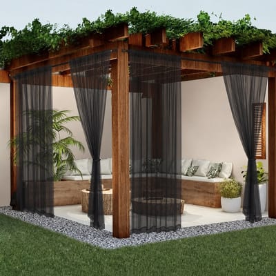 4-Delig Buitengordijn 160x250cm Zwart | Transparant Terrasgordijn voor Veranda & Pergola | Decoratief Vitrage | Zonwering & Verduistering | Ook voor Woonkamer & Slaapkamer