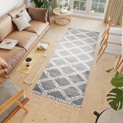 Tapiso Boho Loper Grijs Modern Geruit Hoogpolig Kwastjes Woonkamer Vloerkleed Maat- 100x250