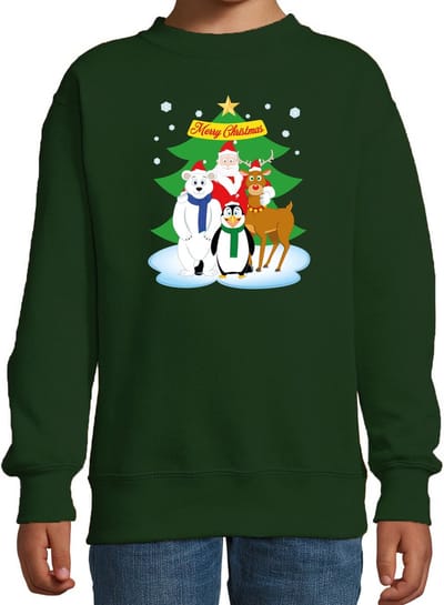 Kersttrui sweater voor kinderen - Kerst dieren vriendjes - groen - lange mouwen - kleding - kerstdiner 98/104