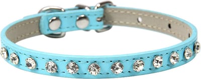 Katten - Halsbandje strass - Bling-Bling - Leder - Licht-Blauw - Met kleine zirkonia steentjes (vast genageld) - Instelbaar van 15cm t/m 23cm - LET OP !!! : meet eerst de hals van uw huisdier of dit bandje past !