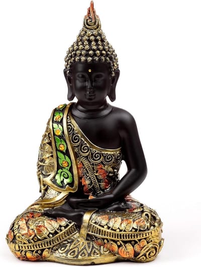 Boeddha Beeld - Meditatie Figuur - Contemplatie Thuis - Liefdevolle Details - 21 cm Hoog - Zwart Oranje