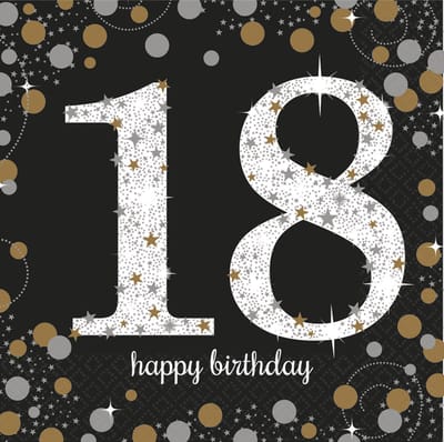 Amscan Servetten 18 jaar - 32x stuks - zwart - 33 x 33 cm - confetti - luxe - verjaardag