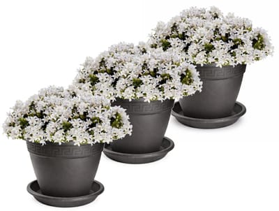 Plasticforte 3x plantenpot met opvang schaal - antraciet - rond - D30 x H23 cm - kunststof - buiten - tuin - bloempot