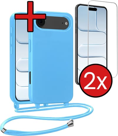 Hoesje Geschikt voor iPhone Air Hoesje Siliconen Case Met Koord Met 2x Screenprotector - Hoes Geschikt voor iPhone Air Hoesje Backcover Met Telefoonkoord - Lichtblauw