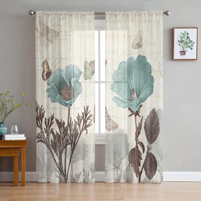 Vintage Tulp Bloem Vlinder Transparante Gordijnen Voor Woonkamer Slaapkamer Kinderkamer Tule Raambekleding Draperieën 135W x 114H(cm) white