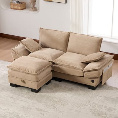 Modulaire 2-zits corduroy bank (met voetenbank) – brede zitting, ergonomisch ontwerp, vulling van schuim met hoge dichtheid, USB-C-poort en zijvakken. Ideaal voor de woonkamer, het kantoor of de lounge. Khaki