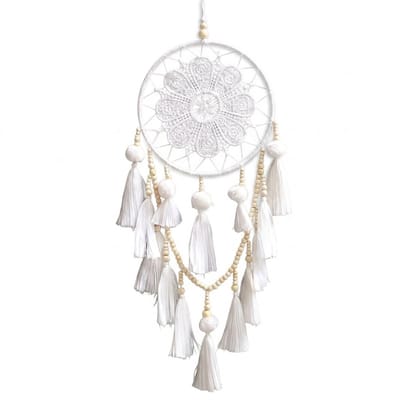 Wit dromenvanger wand decoratie hanger rond met franje kwastjes en kralen voor dames en heren muur ophanging bohemian stijl handgemaakt ornament slaapkamer woonkamer