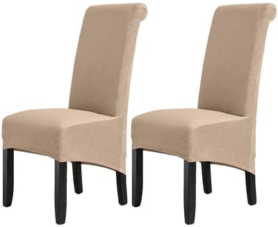 Stoelhoezen voor eetkamerstoelen, XL, stretch, spandex, met elastische band, fluweel, voor restaurant, hotel, feest (camel, set van 2 (XL))