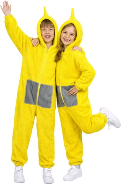JOYAKIDS® Tele Onesie Laa Kinderen | Carnavalskleding Jongen & Meisje | Verkleedkleren Meisjes Jongens | Geel Verkleedkostuum Kids | Laa | Tubbie Kostuum Kind | Carnaval kleding | Verkleedkleding | Verkleed als La La | Groepskostuum | Maat 100