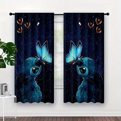 Sterrennacht Vlinder Thema Bedrukte Gordijnen Stangzak Slaapkamer Woonkamer Huisdecoratie Gemaakt Van Polyester Raambekleding W100*H70(CM)-Hooks&2PCS