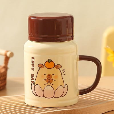 Tasse avec Couvercle Kapibala Tasse Créative Mignonne Tasse à Eau en Céramique pour Usage Domestique 301-400ml beige