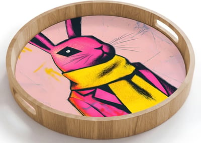 Dienblad rond 40x40 cm - Schootdienblad hout - Abstract - Konijn - Sjaal - Geel - Borrelplank rechthoek - Plateau houten dienbladen