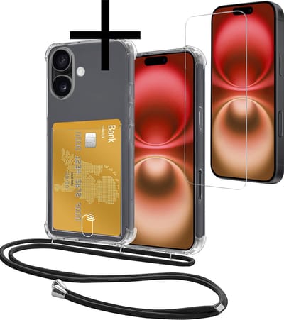 Hoes Geschikt voor Apple iPhone 16 Hoesje Pasjeshouder Cover Met Koord Shock Proof Case Siliconen Hoes Met Telefoonkoord en Kaarthouder Met Screenprotector - Transparant