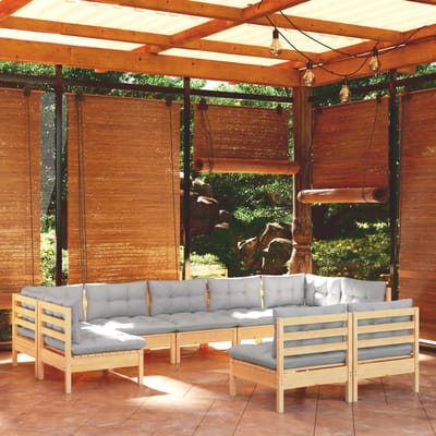 vidaXL - 9-delige - Loungeset - met - grijze - kussens - massief - grenenhout