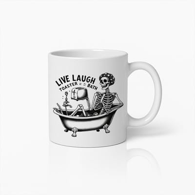 Grappige Skelet Mok "Live Laugh Toaster Bath" – Unieke Donkere Humor Koffiebeker