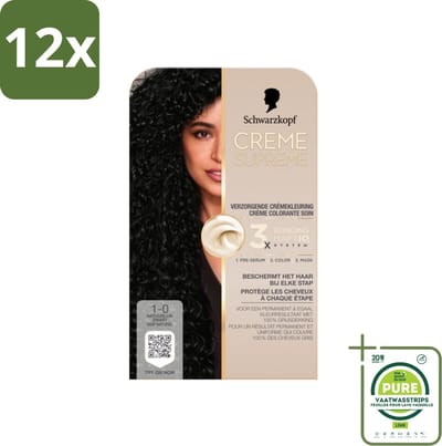 Schwarzkopf - Haarkleuring - Creme Supreme 1-0 - Natuurlijk Zwart - 245g - Voordeelverpakking - 12 stuks - Permanente haarkleur - Zwart haar