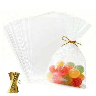 Dailygoods - Realjoy 120 transparante plastic zakjes, 13 x 18 cm, snoepzakjes met 200 metalen linten, voor snoep, chocolade, koekjes, geschenken
