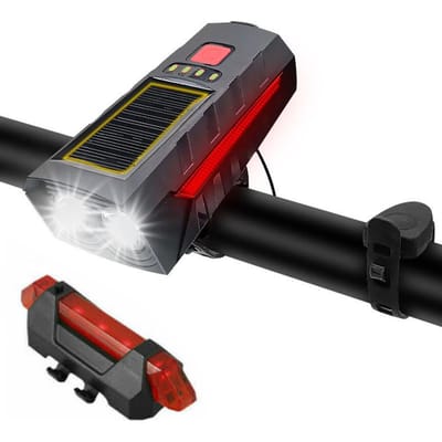 Fiets op zonne-energie, dubbele kophoorn, koplampen, USB-opladen, buitenfietsen, hoge decibel hoorn, waarschuwingslichten, grensoverschrijdend black