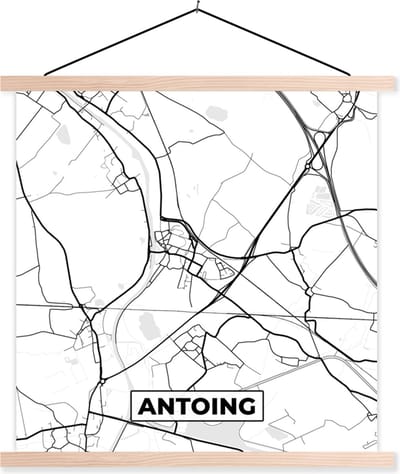 Posterhanger incl. Poster 40x40 cm - Schoolplaat - Zwart Wit – België – Plattegrond – Stadskaart – Kaart – Antoing - Textielposter - Blanke latten - Stadskaart