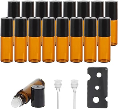 16 Stuks Lege Roll-on Flessen 5ml voor Essentiële Olie, Glazen Flessen met RVS Roller en Lichtbescherming