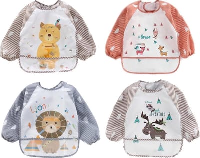 Set van 4 Slabbetjes met Lange Mouwen en Brede Opvangbak – Eland/ Leeuw / Hert / Kat – 1 tot 4 jaar
