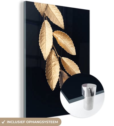 MuchoWow® Glasschilderij 120x160 cm - Schilderij acrylglas - Bladeren - Zwart - Goud - Luxe - Planten - Foto op glas - Schilderijen