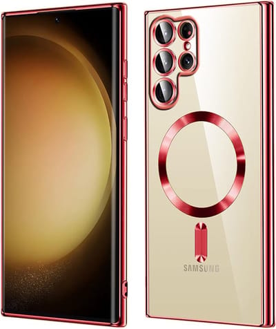 Hoesje geschikt voor Samsung Galaxy S22 Ultra - Techsuit Luxury Crystal Back Cover - Geschikt voor MagSafe - Transparant/Rood