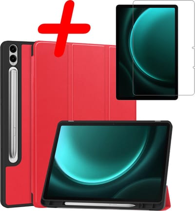 Hoesje Geschikt voor Samsung Galaxy Tab S9 FE Plus - Met Screenprotector - Trifold Bookcase - Hard Cover Case - Met Uitsparing Geschikt voor S Pen - Hardcover Book - Tablet Hoes - Rood