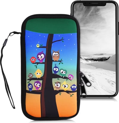 kwmobile hoesje voor smartphones XL - 6,7/6,8" - hoes van Neopreen - Uilboom design - meerkleurig / blauw / bruin - binnenmaat 17,2 x 8,4 cm