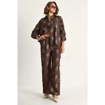 Geborduurd Oversized Shirt en Wijde Pantalon Co-Ord Set
