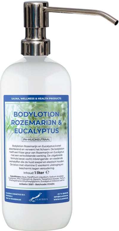 Bodylotion Rozemarijn & Eucalyptus 1 Liter met luxe RVS zilverkleurige pomp - stijlvolle en duurzame uitstraling