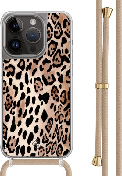 Casimoda® hoesje met beige koord - Geschikt voor iPhone 14 Pro - Luipaard print bruin - Afneembaar koord - TPU/polycarbonaat - Bruin/beige