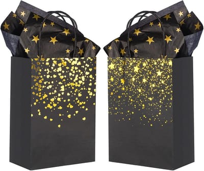 24 Stuks Luxe Cadeauzakjes Zwart Goud met Tissuepapier voor Feest en Cadeaus