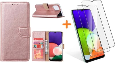Hoesje Geschikt Voor Samsung Galaxy A22 4G hoesje bookcase Rose Goud Met screenprotector / 2X tempered glass