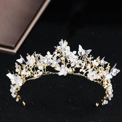 Europese en Amerikaanse Bruidstiara Vlinder Bloem Strass Tiara Hoofddeksel Gouden Parel Tiara Haarband Accessoire gray