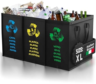 PromoHome Afvalscheidingsprullenbak 3 Vakken XL - Recycling Organizer voor Papier, Glas en Plastic - 60 kg Draagkracht, 50 cm Hoog