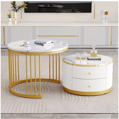 Salontafel - MUVOE - Set van 2 ronde tafels - Wit - Glanzend marmerlook - 2 lades wit