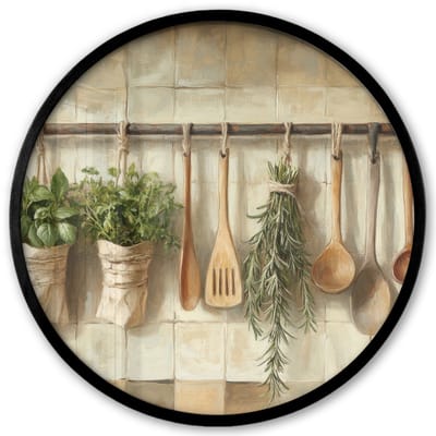 Poster in lijst Rond - Fotolijst 40x40 cm - Posters - Hout - Keukengerei - Stilleven - Tegels - Ronde posterlijst zwart - Decoratie - Wanddecoratie woonkamer - Muurdecoratie slaapkamer