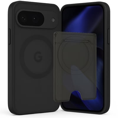 SnapSkin Hoesje & Pasjeshouder geschikt voor Google Pixel 9 / 9 Pro / 10 / 10 Pro - Geschikt voor MagSafe Case - Magnetische Kaarthouder - Semi-Transparant Zwart