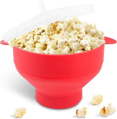 longziming -Siliconen magnetron popcornkom – Opvouwbare Siliconen Magnetron Popcornkom met Deksel – BPA-vrij – Hittebestendig & Olievrij Poppen – Compact Opbergen – Gezonde Popcorn in Minuten – Rood
