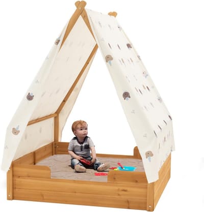 Driehoekige houten zandbak met luifel voor kinderen van 3-8 jaar